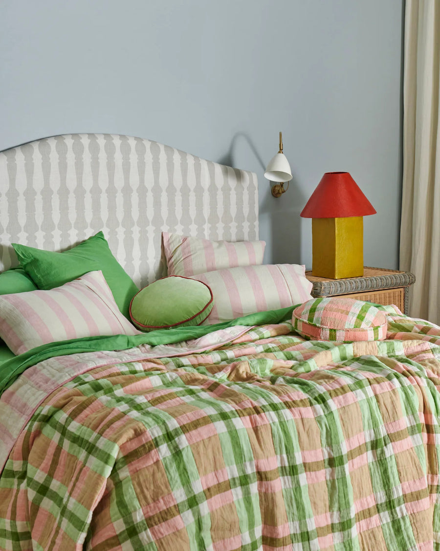 Pistachio Tartan Reversible Linen Quilted Bedspread - Kip & Co.