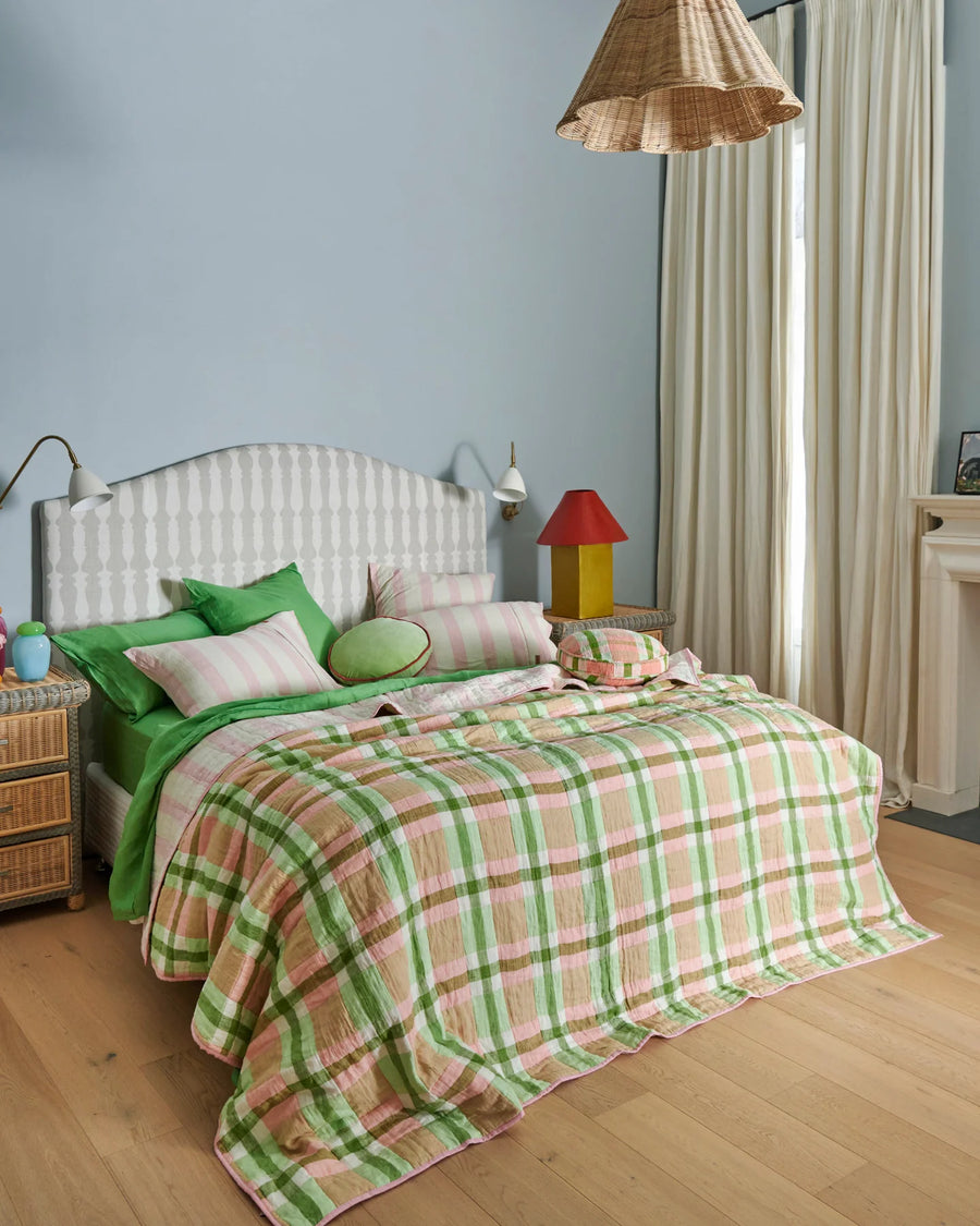 Pistachio Tartan Reversible Linen Quilted Bedspread - Kip & Co.