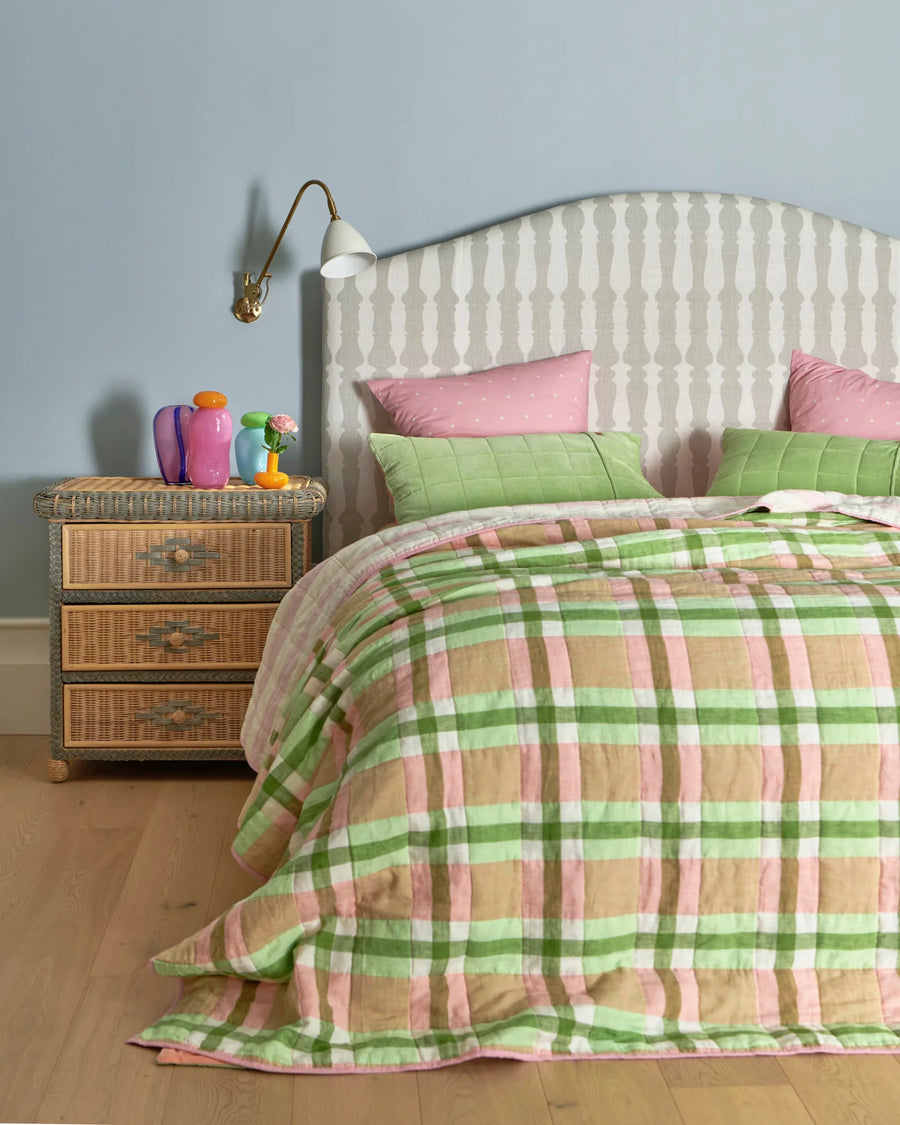 Pistachio Tartan Reversible Linen Quilted Bedspread - Kip & Co.