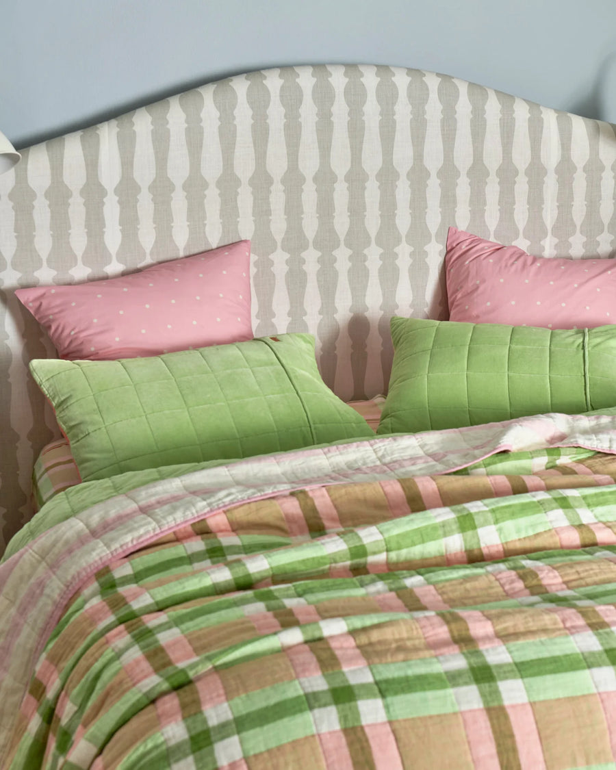 Pistachio Tartan Reversible Linen Quilted Bedspread - Kip & Co.
