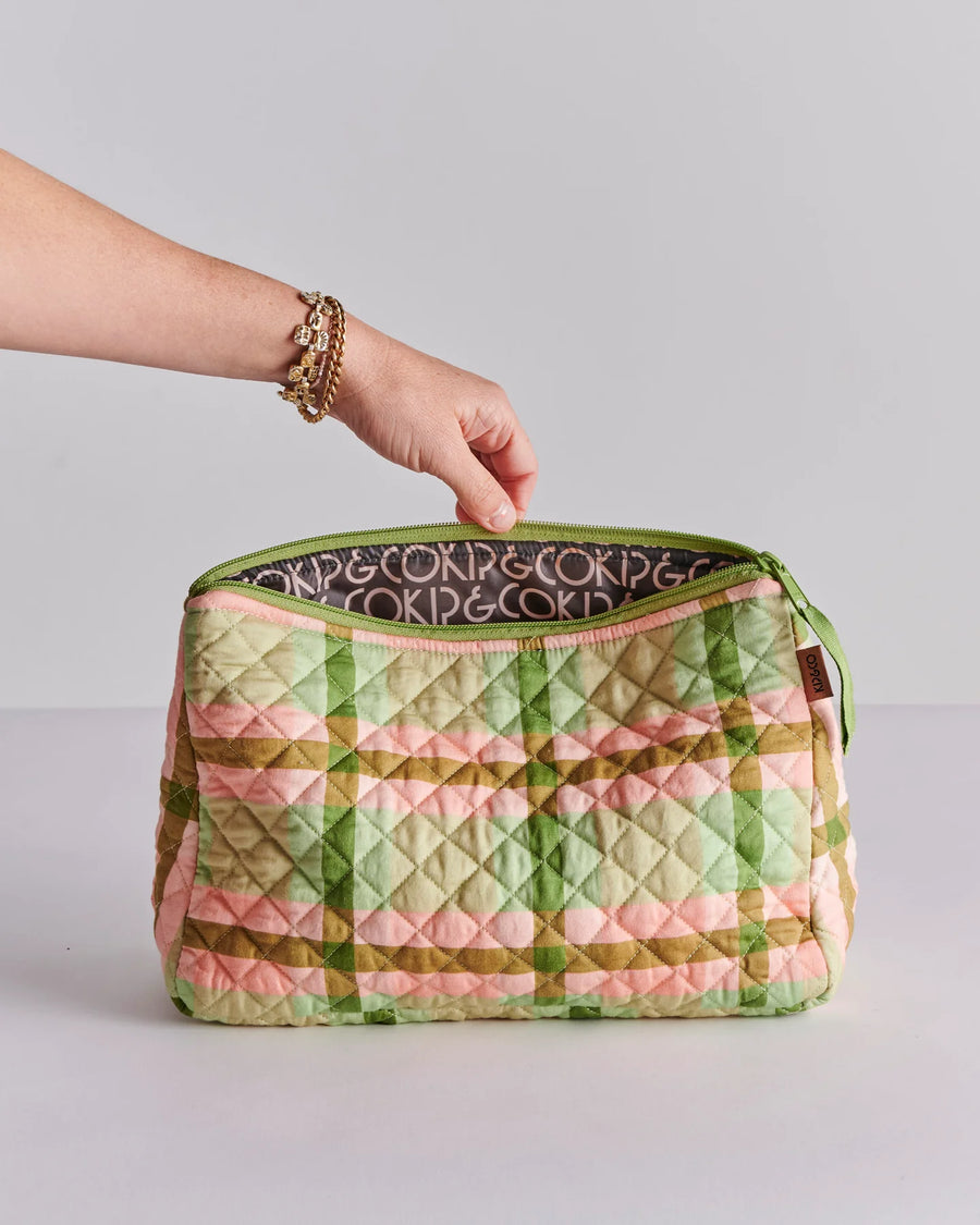 Pistachio Tartan Quilted Cotton Toiletry Purse - Kip & Co.