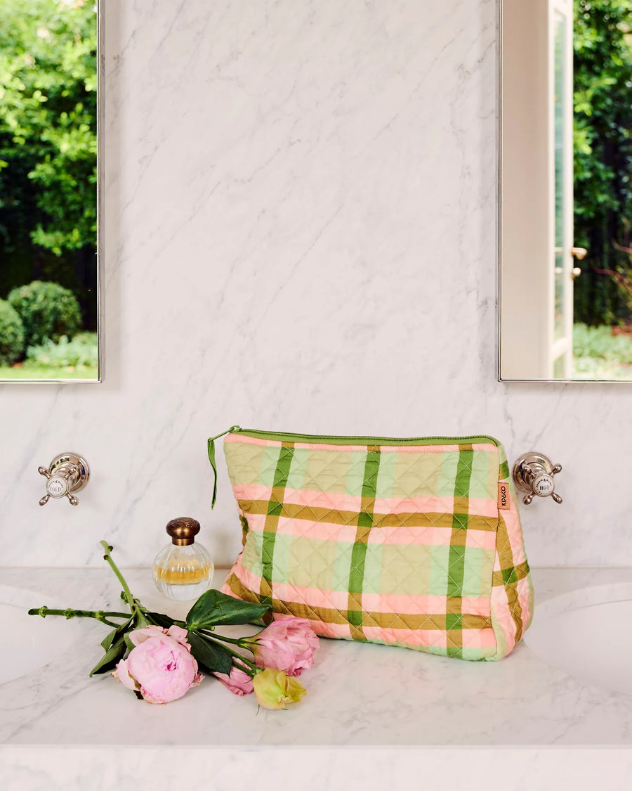 Pistachio Tartan Quilted Cotton Toiletry Purse - Kip & Co.