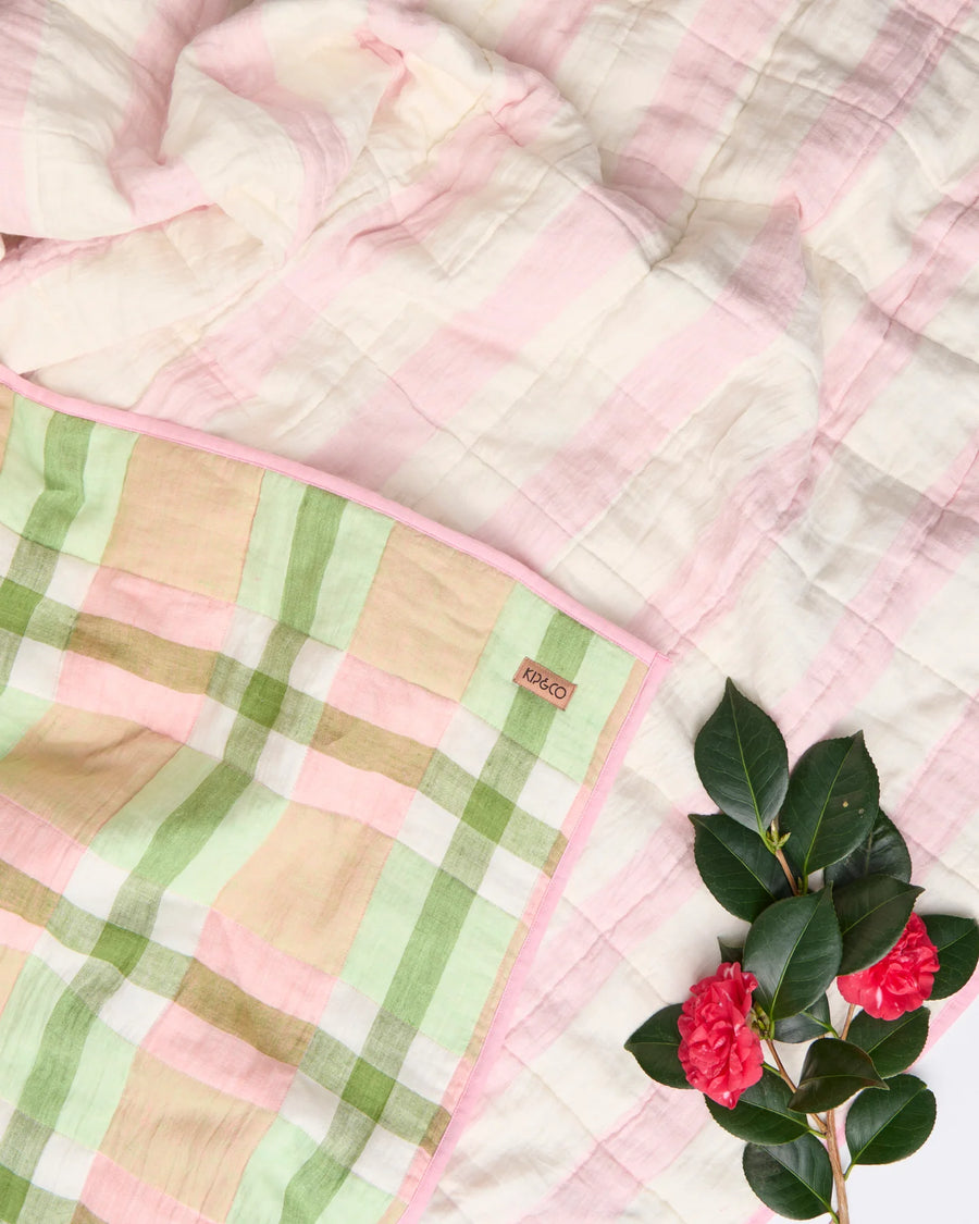 Pistachio Tartan Reversible Linen Quilted Bedspread - Kip & Co.