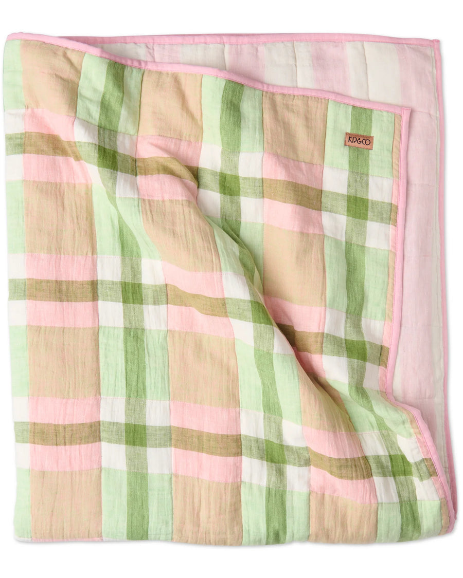 Pistachio Tartan Reversible Linen Quilted Bedspread - Kip & Co.