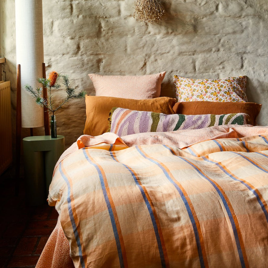 Theo Check Linen Quilt Cover - Peach Soda - Sage & Clare